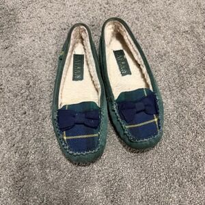 Lauren Ralph Lauren‎ Women Green Plaid Bow Moccasin Slippers Fluffy Lined Cozy